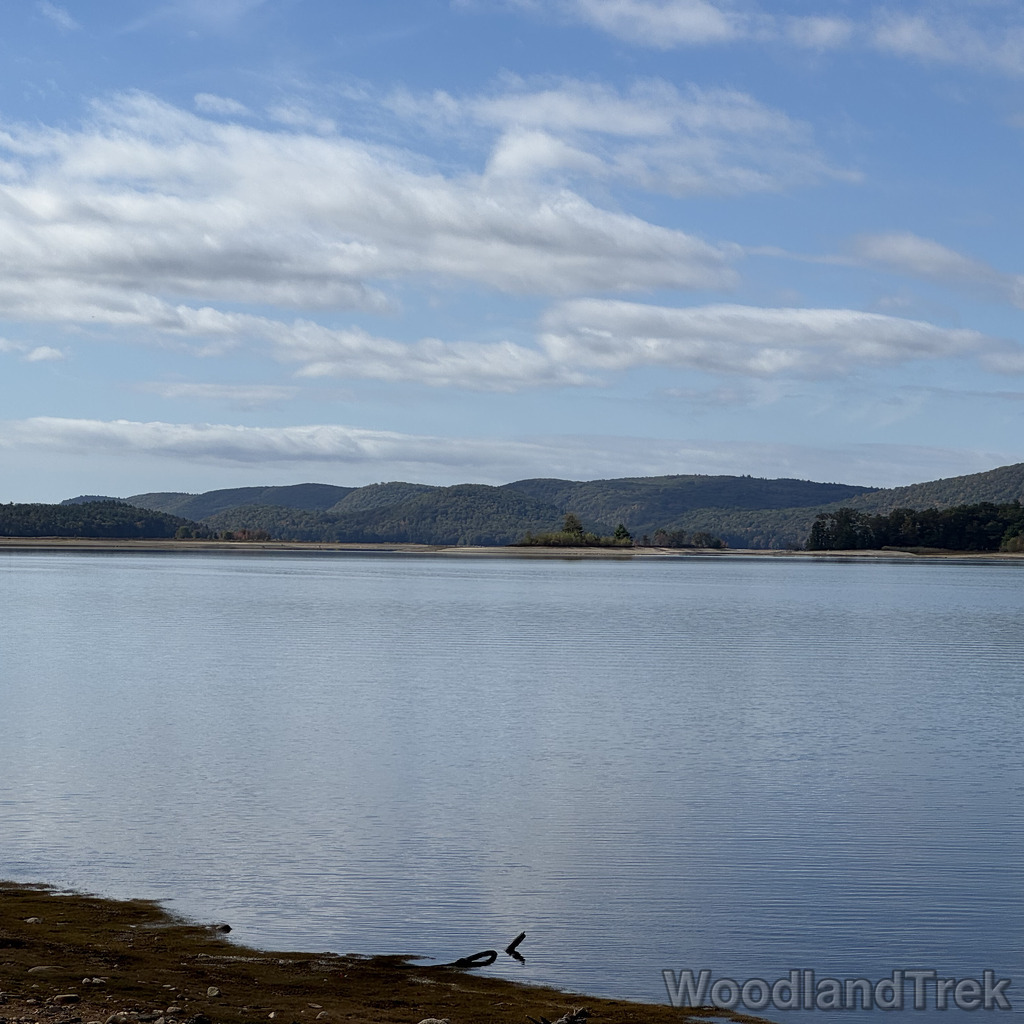 Quabbin Reservoir view from Blakington Road with calm water and scenic hills