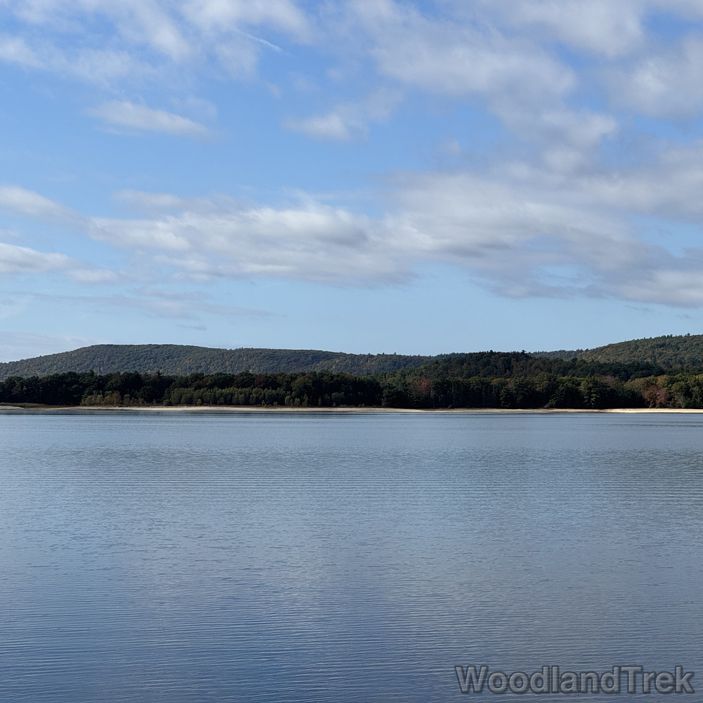 Quabbin Reservoir view from Blakington Road with calm water and distant hills