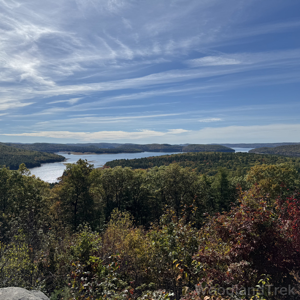 Quabbin Reservoir viewed from Soapstone Hill lookout on a beautiful early fall day with high clouds and shimmering water