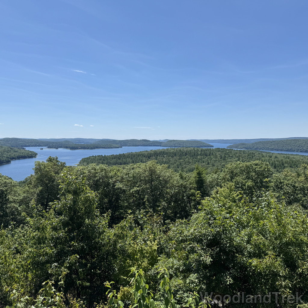 View of Quabbin Reservoir from Soapstone Hill with blue sky, calm water, and lush green forest