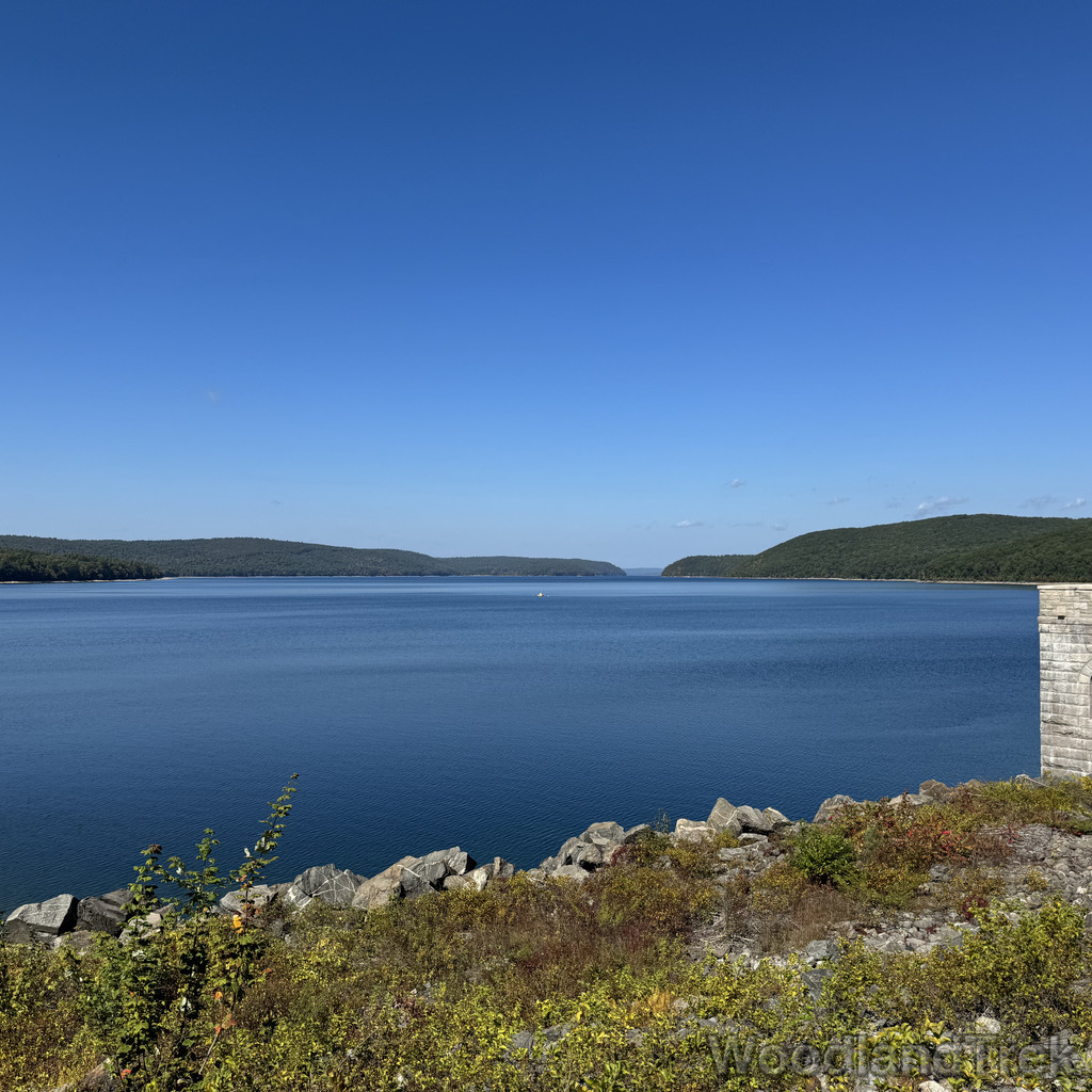 Water view from Windsor Dam with clear blue sky and subtle ripples on the water