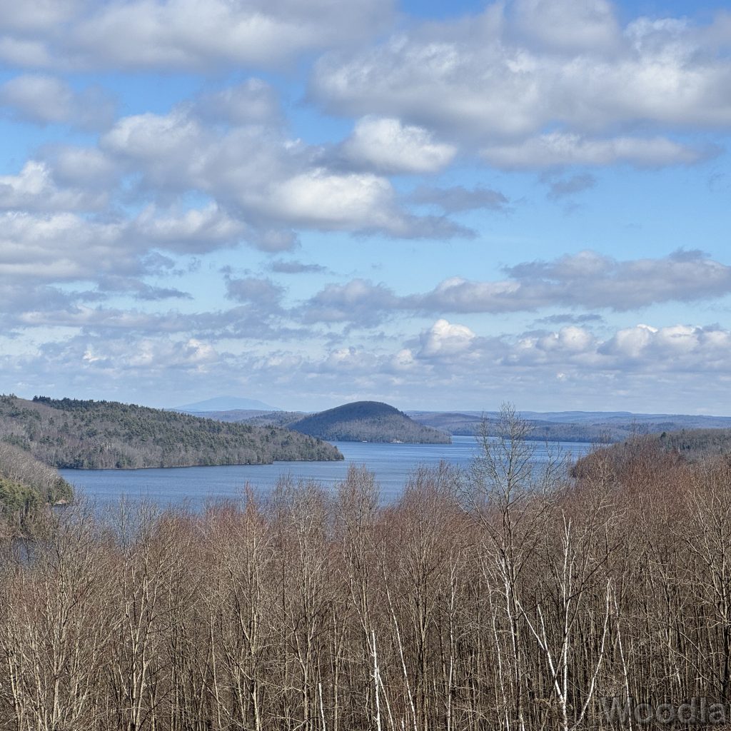 East Fork of Quabbin Reservoir viewed from Enfield Lookout, with blue water, leafless trees, and clouds casting shadows