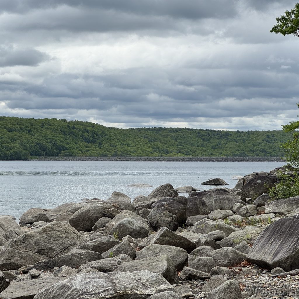 View of Quabbin Reservoir with rocky shoreline and the Goodnough Dike visible across the water, forest beyond