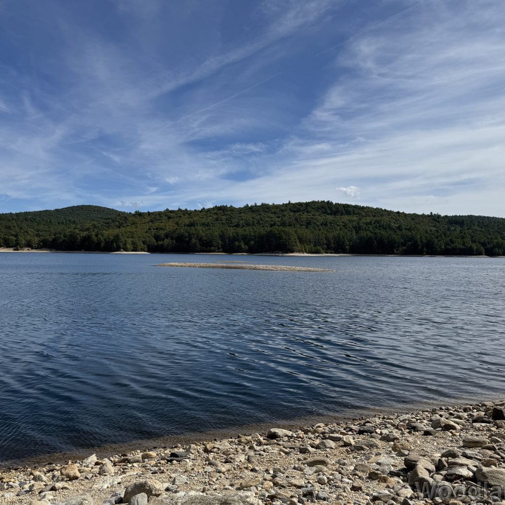 Reservoir with calm water, forested shoreline, and hills in the distance under wispy cloud