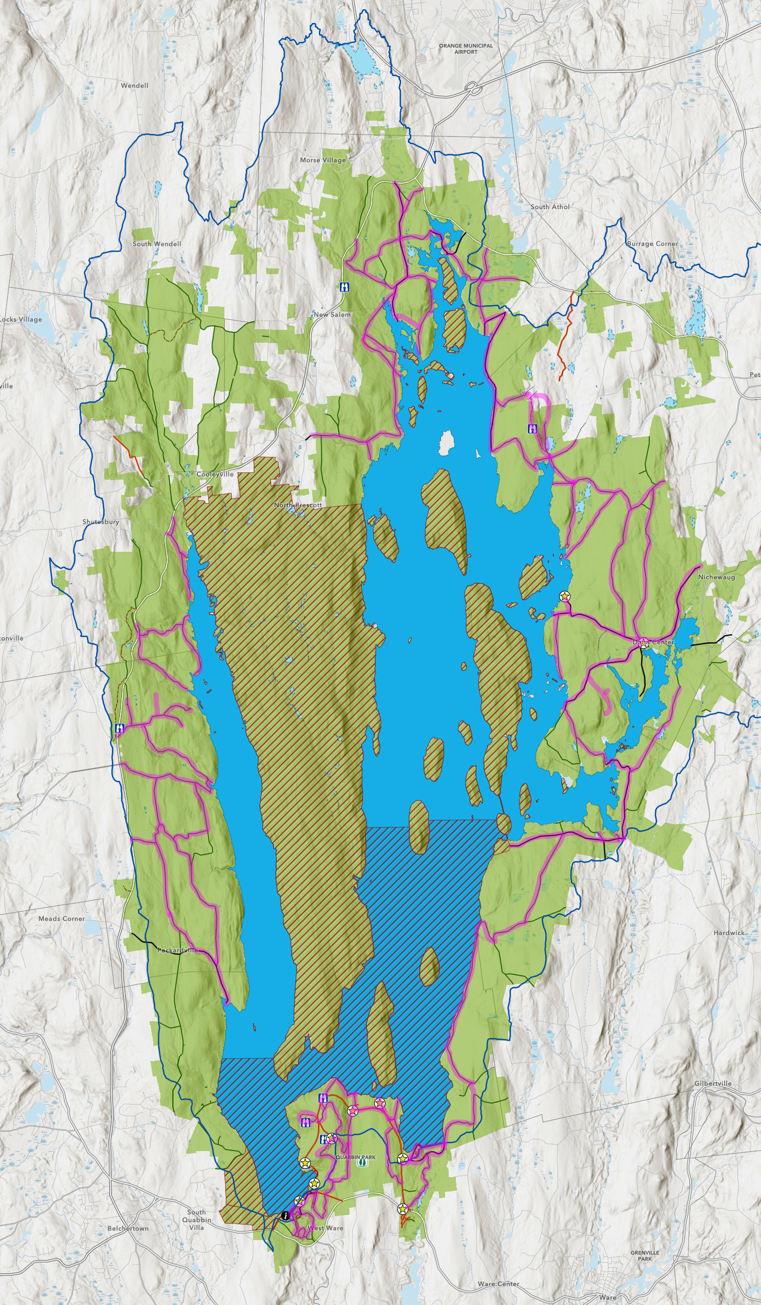 Map of Quabbin Reservoir showing roads highlighted in magenta to indicate completed hikes