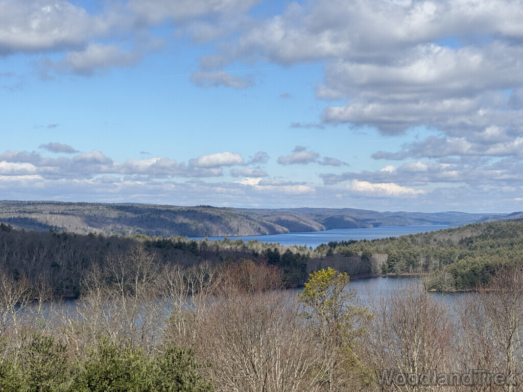 West Fork of Quabbin Reservoir viewed from Enfield Lookout, with blue water, leafless trees, and clouds casting shadows