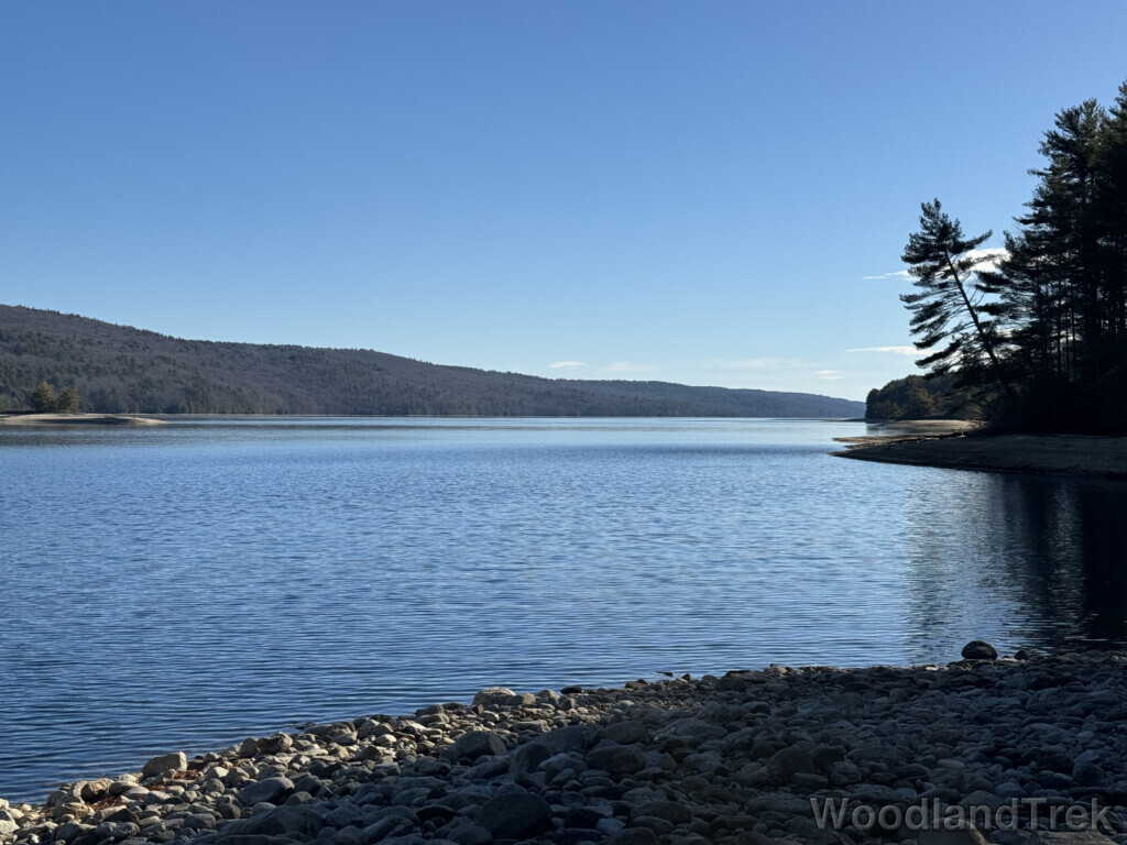 Rocky shoreline at Quabbin Reservoir with rippling water reflecting bright blue sky