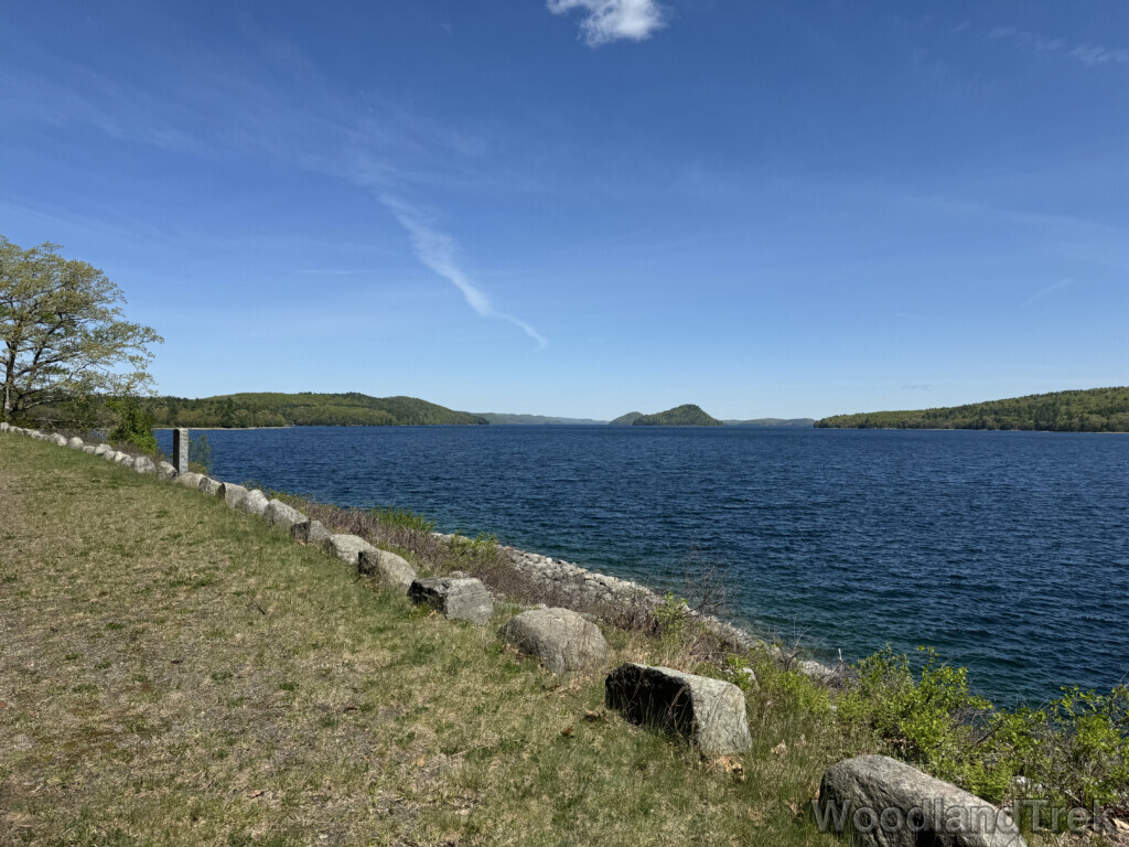 View of Quabbin Reservoir from the Goodnough Dike, deep blue water with islands in the distance