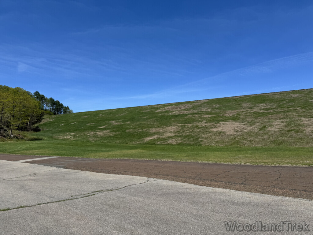 Looking up at the Goodnough Dike from the access road below, blue sky above