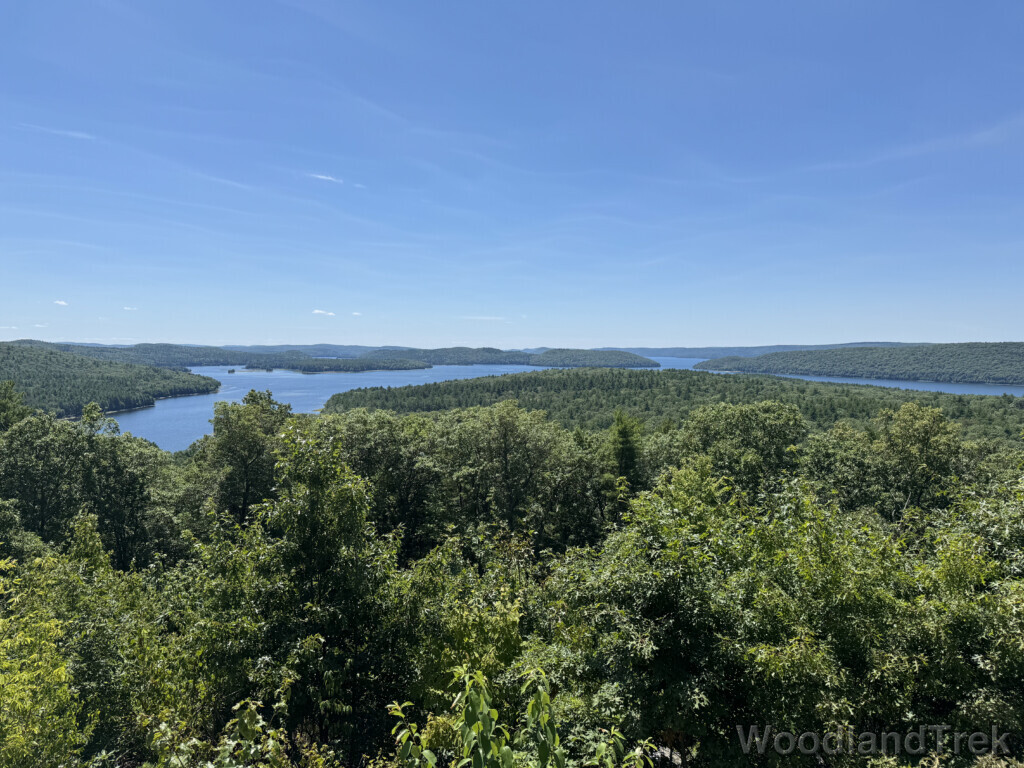 View of Quabbin Reservoir from Soapstone Hill with blue sky, calm water, and lush green forest