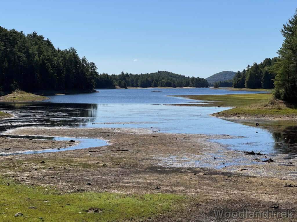 Reservoir with low water, grassy shoreline, and distant hill