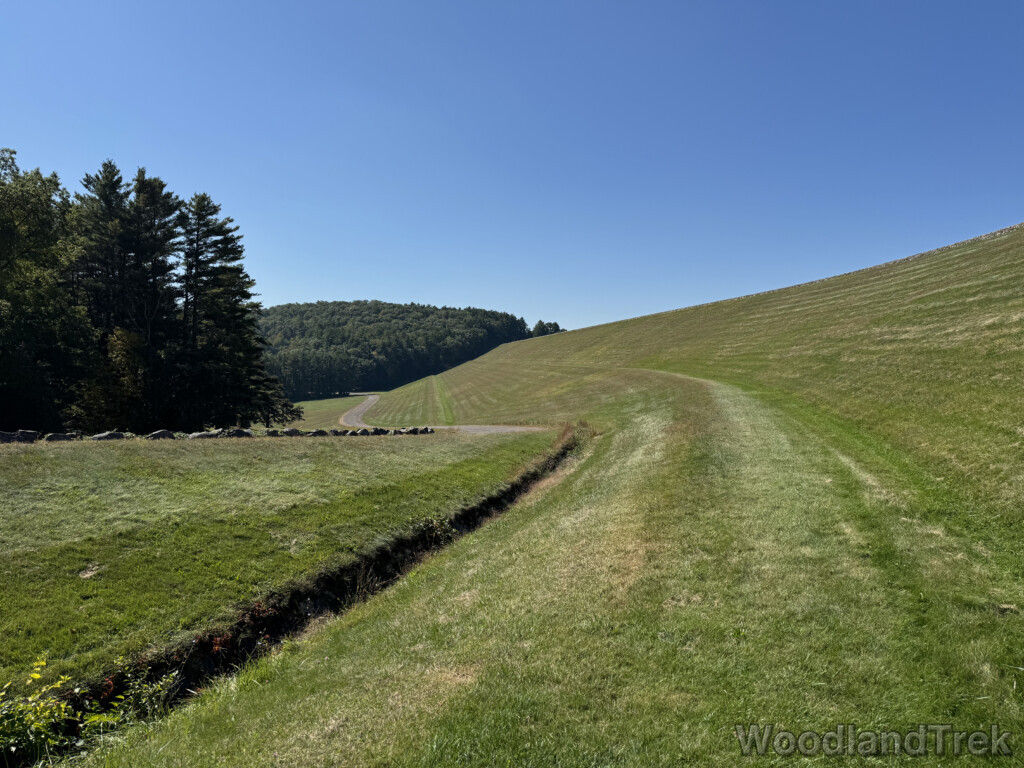 Mid-height view of Windsor Dam face with green grass and blue sky