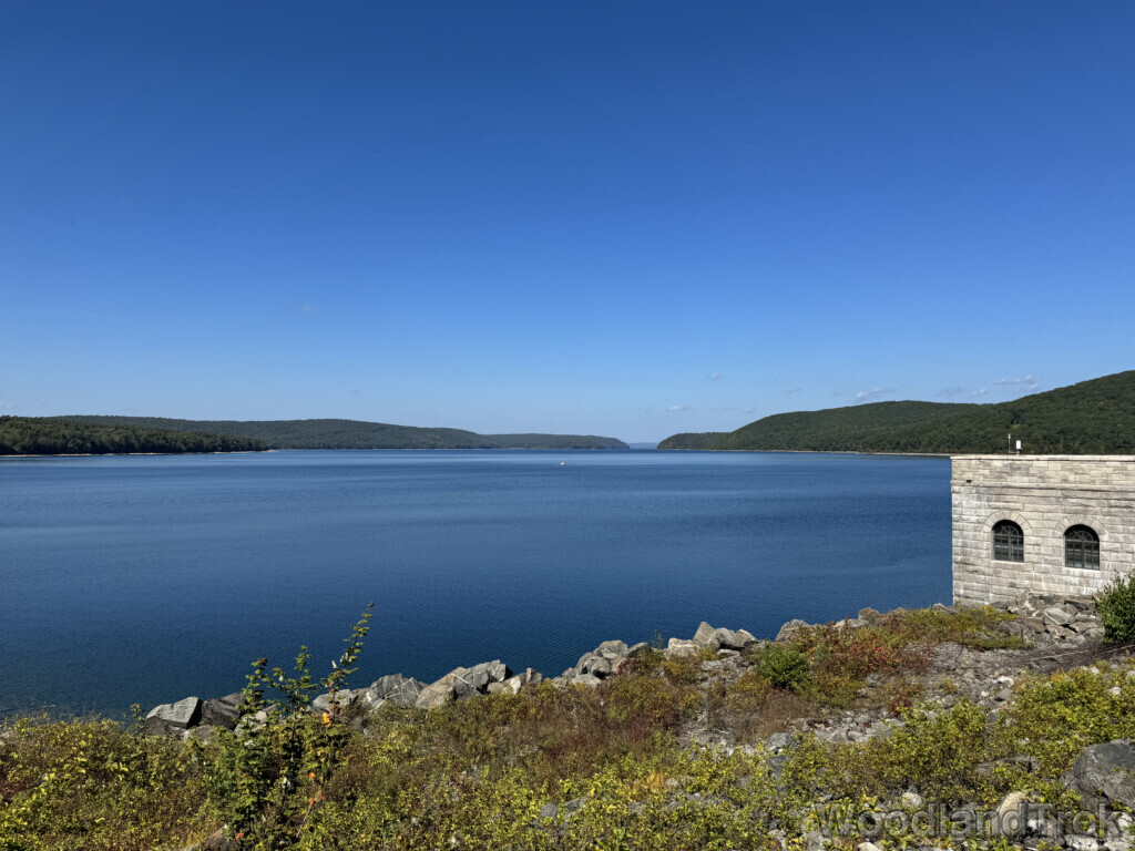 Water view from Windsor Dam with clear blue sky and subtle ripples on the water