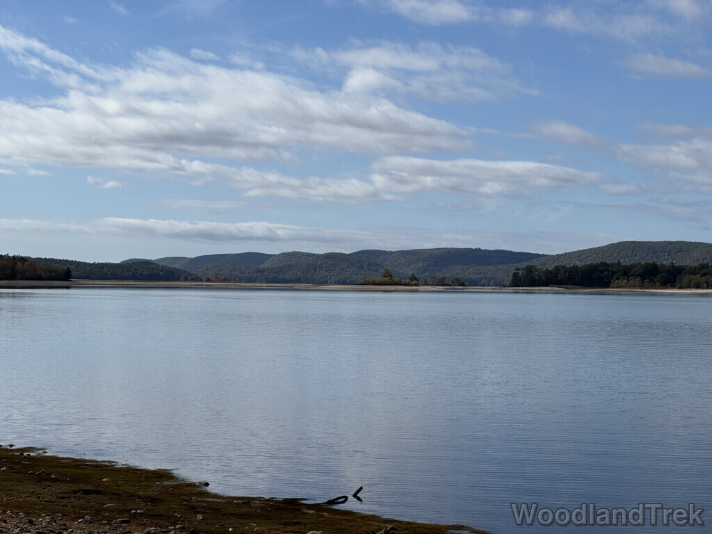 Quabbin Reservoir view from Blakington Road with calm water and scenic hills
