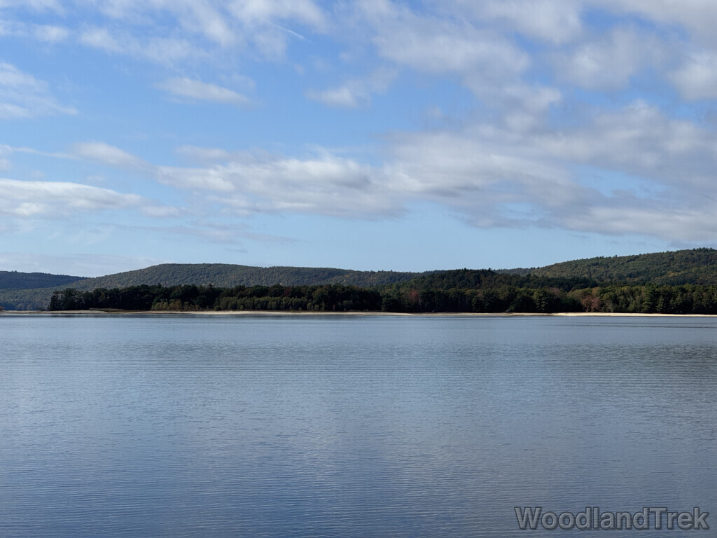 Quabbin Reservoir view from Blakington Road with calm water and distant hills