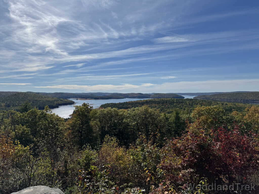 Quabbin Reservoir viewed from Soapstone Hill lookout on a beautiful early fall day with high clouds and shimmering water