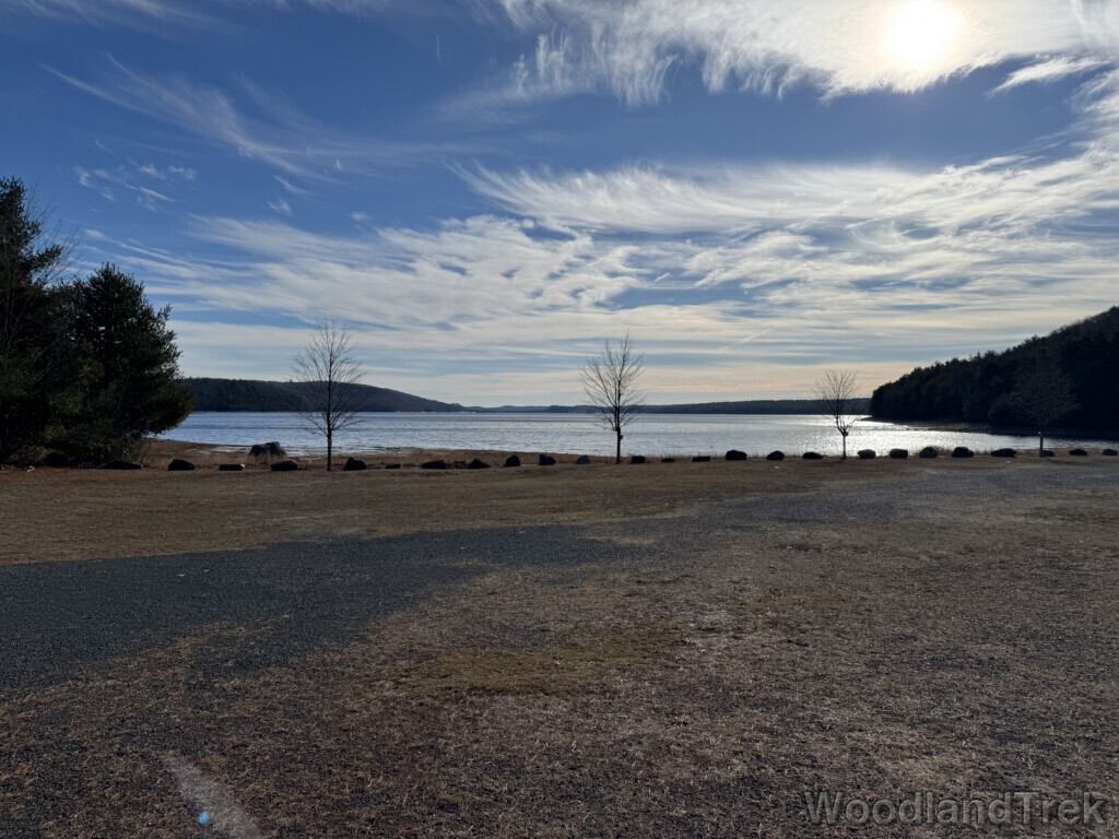 Quabbin Reservoir from Fishing Area 1 with calm water and wispy high clouds